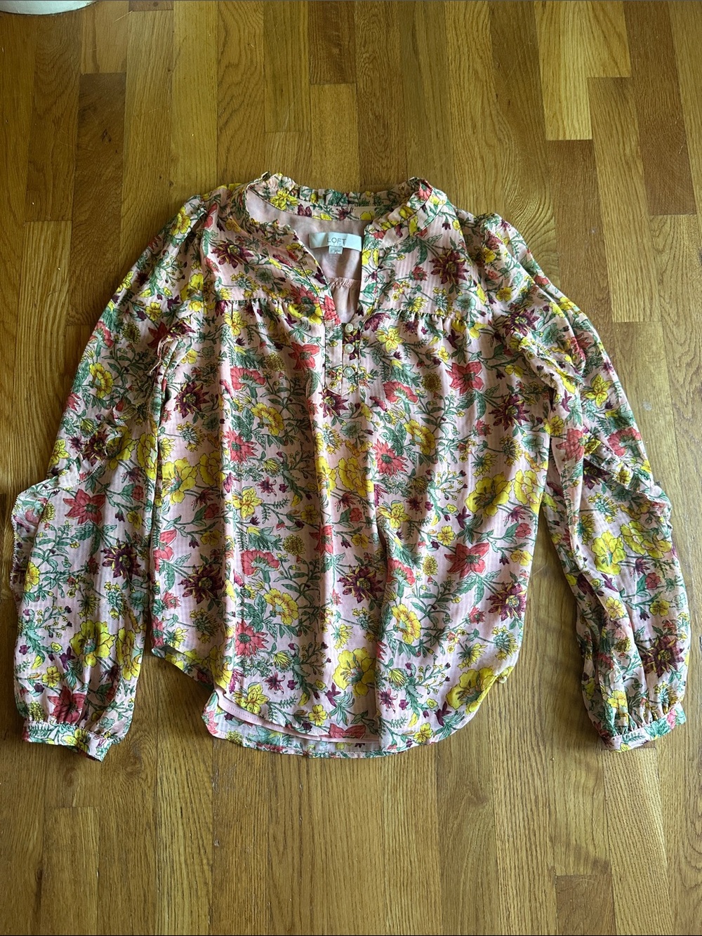LOFT Pink Floral Peasant Blouse with Yellow & Green Accents